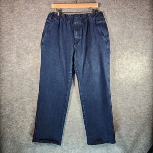 Mens Dark Wash Denim Jeans Elastic Waist Zip Fly Straight Leg Size 40W 30L Baggy